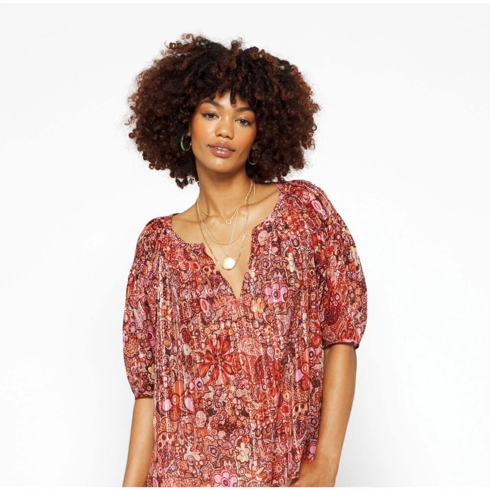 A.L.C. Julianna Pink Floral Puff Short Sleeve Top Sz 14 Cotton Silk Blend